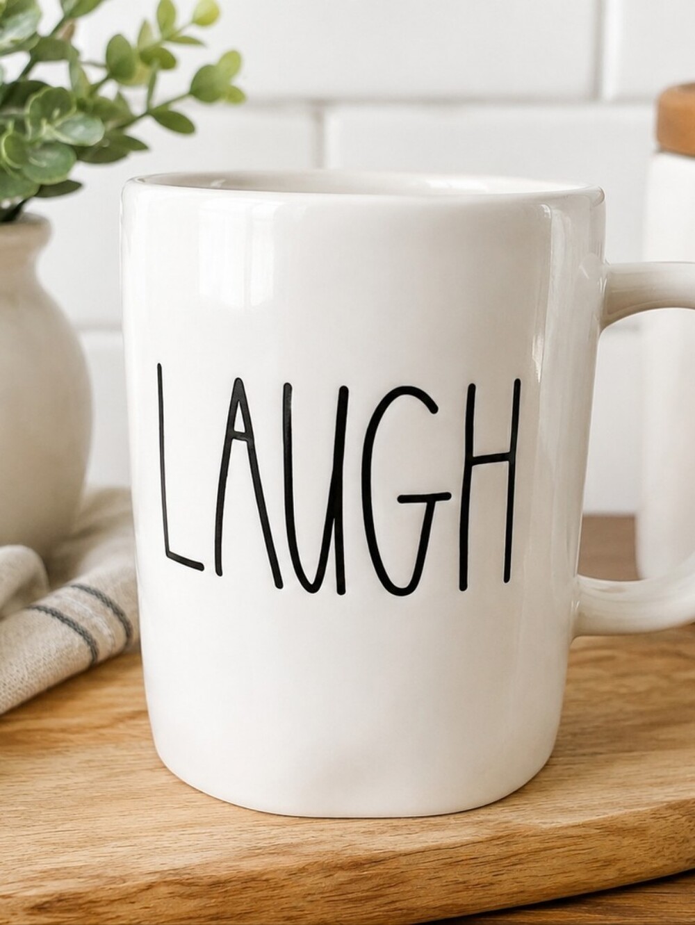 Rae Dunn "LAUGH" Mug Artisan Collection by Magenta White Ceramic Coffee Cup